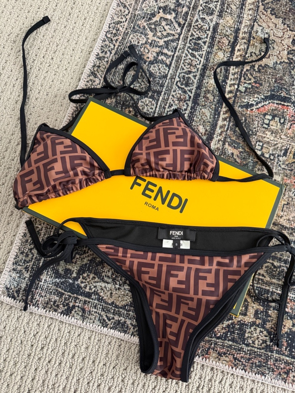 Fendi Brown and Black FF Logo Triangle Bikini